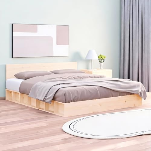 Double Bed Frame Solid Pine Wood,120 x 200 cm Wax Natural Low Profile Bed, Space Saving Wooden Bed Base for Bedrooms