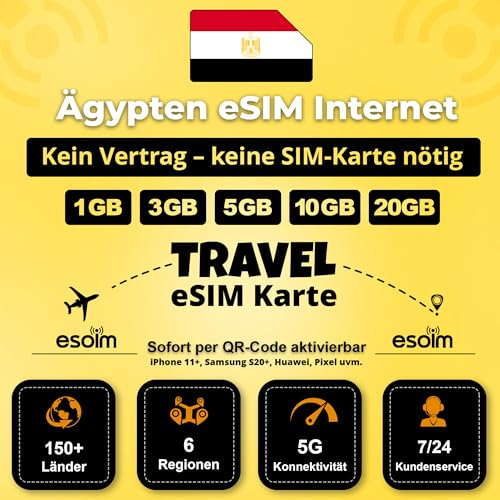 Ägypten eSIM für Urlaub – Günstige Daten, ohne Roaming, Keine physische SIM – Travel eSIM bis 20 GB (5 GB - 30 Tage)