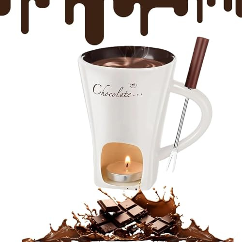 Chocolate Fondue Mug with Forks, Ceramic Melting Cups, Fondue Heated with a Tealight, Warmer Mug for Candy Snack Caramel Party Date Night Birthday Wedding Gifts (White)
