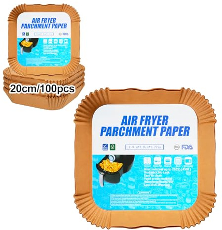 Backpapier für Heißluftfritteuse, 100 Stück Airfryer Backpapier 20-24cm, Antihaft Wasserdicht Ölfest Einwegschalen Pergamentpapier Liner für 4.7-8L Für Philips Ninja COSORI Bratpfanne Ofen Mikrowelle