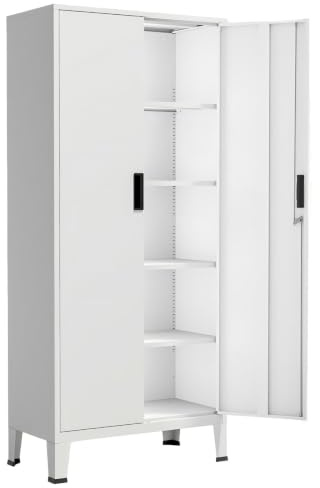 YOUDENOVA Aktenschrank, 180 x 80 x 40 Metallschrank abschließbar mit 2 Türen, Mehrzweckschrank mit 3 Ebenen, verstellbare Ablagen, Werkzeugschrank für Büros, Ateliers und Garagen, Weiß