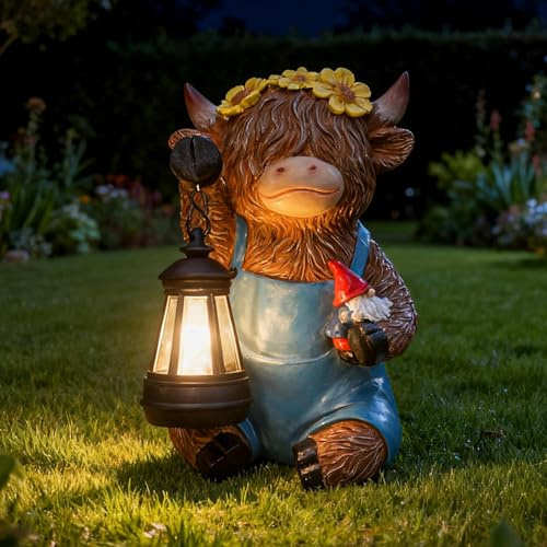 Solar Hochlandkuh Figur aus Kunstharz, Außendekoration für Garten und Rasen | Niedliche Hochlandkuh Skulptur mit Integrierter Solarbeleuchtung, stabiler Kunstharz, Ideal Gartendeko für den Außenbereich