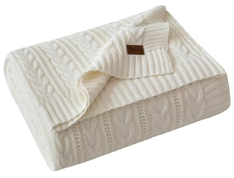 Talasily Strickdecke 150x200cm 100% Baumwolle Oeko-TEX, leichte Ganzjahresdecke Zopfmuster, atmungsaktiv weich für Frühling Sommer Herbst, Tagesdecke für Bett & Sofa, Wohnaccessoire Weiß
