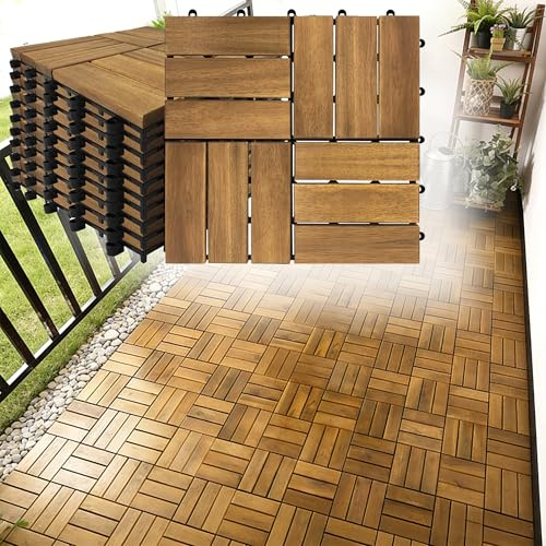 Suusolny 33er Pack / 3m² Holzfliesen Balkonfliesen aus Holz Balkonboden wetterfest 30x30cm aus Akazienholz Holzboden Klickfliesen Terrassenfliesen mit Drainage Gartenfliesen Zuschneidbar - Model B
