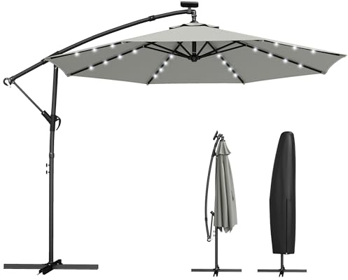 Outsunny Ampelschirm LED Solar ca. Ø300 cm 360° Drehbar Sonnenschirm mit Kurbel Ständer Schutzhülle, UV-Schutz Wasserabweisend Gartenschirm Marktschirm Kurbelschirm Hellgrau