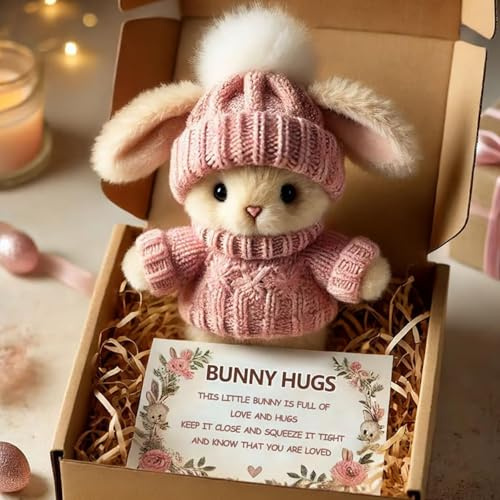 Mini Bunny Hug Cute Easter Mini Bunny Hug Niedliches Ostergeschenk, Plüsch Bunny Rabbit Plüschhase mit Strickmütze und Bommel, Osterhasen für Ostern Frühlingsdekoration