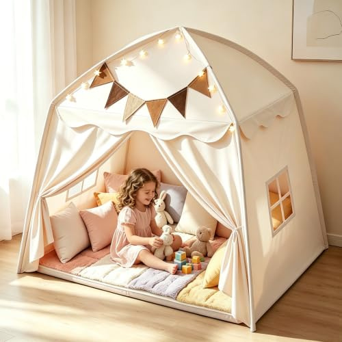 Tienda de campaña infantil para interiores, con banderas y luces, tienda de campaña portátil y plegable, tienda de cama para niños, casa de juegos para interior y exterior, 150 x 100 x 150 cm (beige)