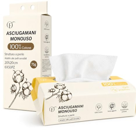 FiorDior Asciugamani Monouso Viso 100% Cotone, 300 Pezzi 20x20 cm, 75 g/m², Salviette Asciutte con Trama a Perle, Morbide e Resistenti, Senza Profumo, Uso Asciutto o Bagnato
