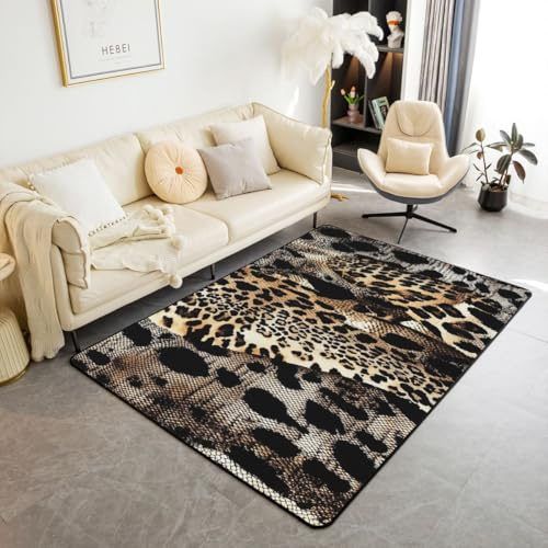 Homewish Alfombra de área retro con estampado de leopardo marrón dorado de 150 x 200 cm para dormitorio, alfombra de retazos de piel de animal salvaje para sala de estar, alfombra de imitación que no