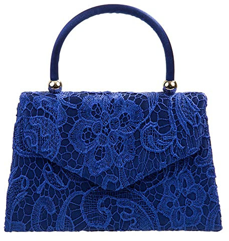 fi9® BNWT Retro-Tragetasche mit Spitze, Blumenmuster, Brautschmuck, Hochzeit, Abendtasche, Party, Geldbörse, Clutch, Schulter-Handtasche, weiß, medium (Königsblau)