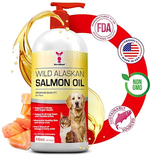 SavvyBeast Wild Alaskan Salmon Oil for Dogs, Cats & Ferrets – Omega-3 Fish Oil Pet Supplement with EPA & DHA – Supports Skin, Coat, Joints, Heart, Brain, Itch Relief & Immune – Unscented – 16 oz