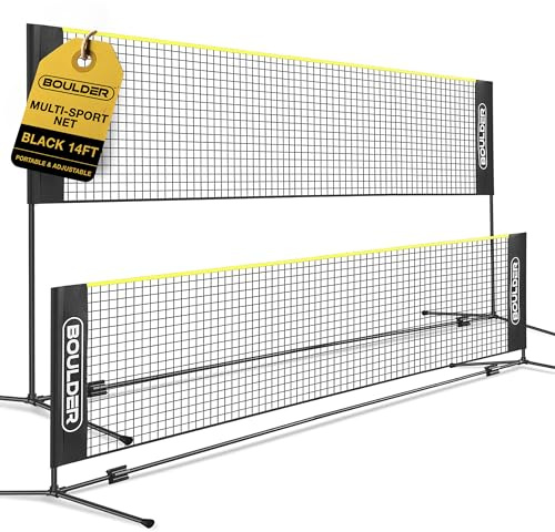 BOULDER Portable Badminton Pickleball Net - Foldable / Extendable Poles for Multiple Sports Heights (UP to 5 ft) - Ideal for Tennis, Pickleball, Soccer Tennis - Easy Setup (Black, 14 FT)