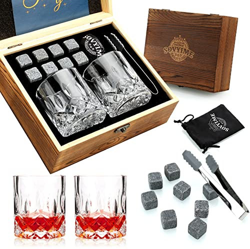 Whiskyglas Geschenkset, Whisky Steine, Whisky Geschenksets für Männer, 8 Whisky Steine 2 Kristall Whisky Gläser Holzbox Geschenk, Geburtstagsgeschenke für Männer, Papa, Ehemann Valentinstag (Rund)