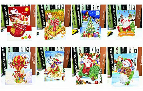 Huacan Diamant Painting Gruß Karten 8 Stück Weihnachten Grußkarte Mit Umschlag 5D DIY Diamond Weihnachtskarten Kit Geschenk für Familien, Diamant Painting Gruß Karten für Weihnachten Neujahr