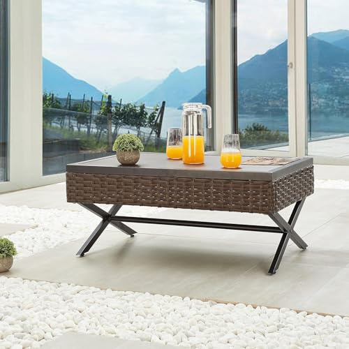 LOKATSE Home Outdoor Side Wicker Table Patio Rattan Bistro Furniture Metal Frame End Coffee Tables with X Shaped Steel Legs & Wood Grain Desktop