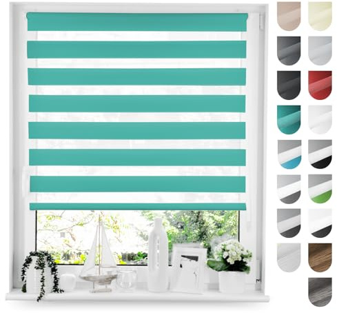 Tom'Shop Doppelrollo Klemmfix ohne Bohren Türkis 90cm x 220cm | Duo Rollo mit Klemmträger Fensterrollo Seitenzugrollo für Lichtschutz Sichtschutz Sonnenschutz leichte Montage