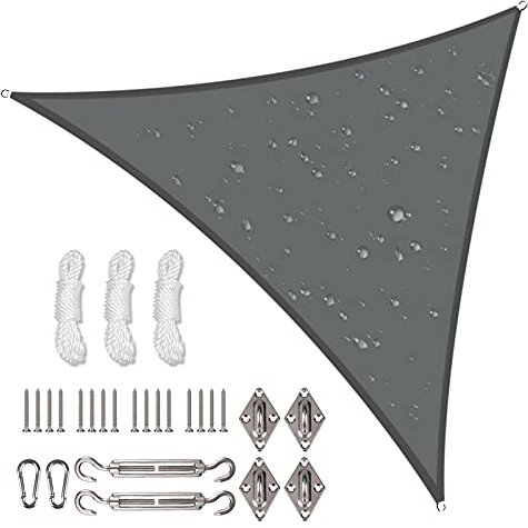 NAKIHOUSE Waterproof Shade Sail with Rope Fixing Kits, 3x3x3m Triangle Sun Shade Sail 98% UV Block Awning Canopy for Garden Patio (Grey)