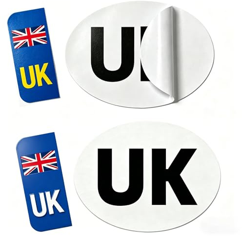 UK Stickers for Car Europe - 4 Pcs Hybrid Set with 1x Magnetic & 1x Self-Adhesive UK Oval Identifier (180x133mm), 2x Reflective Number Plate Stickers (White & Yellow) for Post-Brexit EU Travel