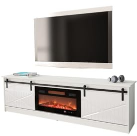 Mirjan24 TV Schrank mit Elektrischem Kamin Otemna, TV Lowboard, Fernsehschrank, Realistische LED-Flamme, Elektrischer Kamin mit Heizung (Weiß/Weiß Hochglanz)