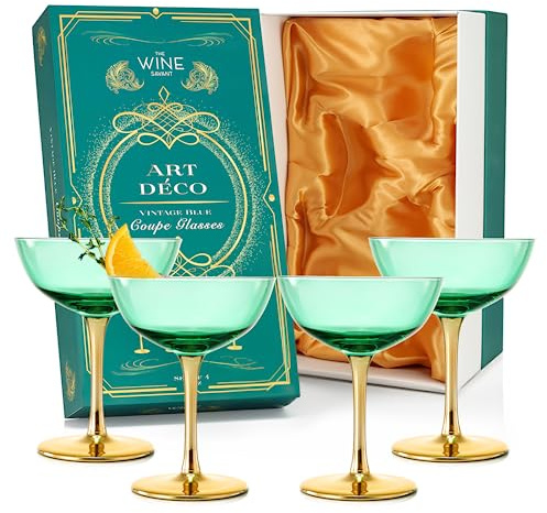 Colored Coupe Art-Deco-Gläser, goldfarben, 340 ml, klassische Cocktailgläser für Champagner, Martini, Manhattan, Beiwagen, Kristallkelche im Speakeasy-Stil, Vintageblau, Blaugrün, Grün, 2 Stück