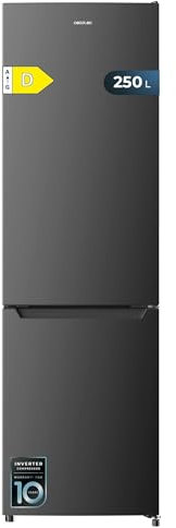 Cecotec Frigorífico Combi Bolero CoolMarket Combi 250 Dark D. Compresor Inverter Plus Frigorífico Combi Dark Inox 180X55Cm, 250L, No Frost, Clase D, Multi Air Flow, Fast Cooling Y Cajón Humidity Box