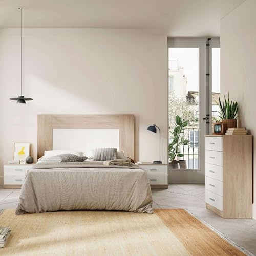 Miroytengo Conjunto Muebles Dormitorio Matrimonio con Cómoda, 2 Mesitas Noche 3 Cajones y Cómoda 5 Cajones Color Blanco y Sahara