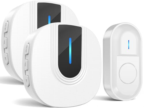 Wireless Doorbell, Waterproof Wall Plug-in Cordless Door Chime Kit with 1,000 Feet / 300M Range, 55 Chimes, 5-Level Volume & Blue Light, Battery Operated Button (White)