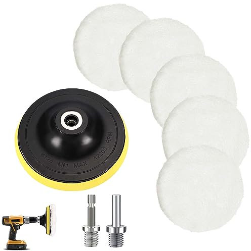 Auto Polierhaube, Polierpad mit 6 Winkel Griff und Rundadapter, Wolle Polieraufsatz Akkuschrauber Winkelschleifer, Klettverschluss, Leicht Austauschbar, für Autopolieren, für M10 Bohrer (125mm)