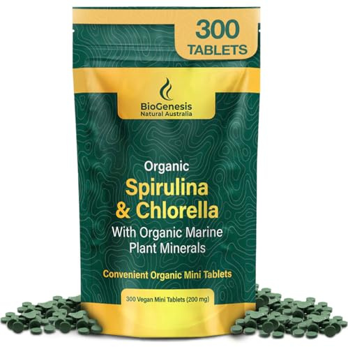 Biogenesis Organic Spirulina, Chlorella & Marine Plant Minerals – 300 Count (200 mg) | Australian Grown Algae Superfood | Support Energy & Immunity | Vegan Mini Tablets