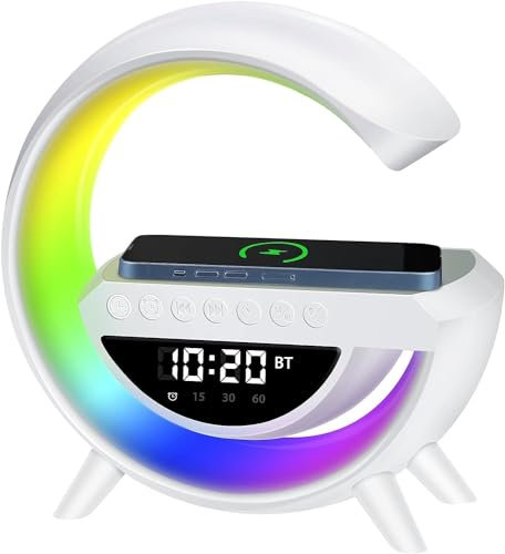 DISCORAMA LAMPADA DA COMODINO BLUETOOTH SPEAKER CON RICARICA WIRELESS, LAMPADA ALTOPARLANTE SVEGLIA OROLOGIO CON LUCI LED, LAMPADA RICARICA SMARTPHONE CASSA 5W