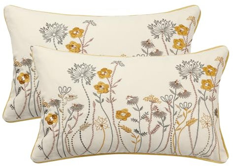 Tosleo Throw Pillow Covers Flower Embroidery 12 x 20 inch Spring Summer Cushion Cover Pillowcase Floral Set of 2 Yellow Flower Decorative for Garden Sofa Living Room Bed Couch Car Gift Home Deco