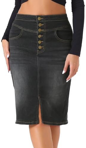 Allegra K Damen Jeansrock, geteilt, hohe Taille, dehnbar, Denim-Bleistiftrock, Schwarz, Groß | Unterhalb des Knies, Verschluss mit mehreren Knöpfen, gewaschen, 2 Taschen, Passnähte, Alltag