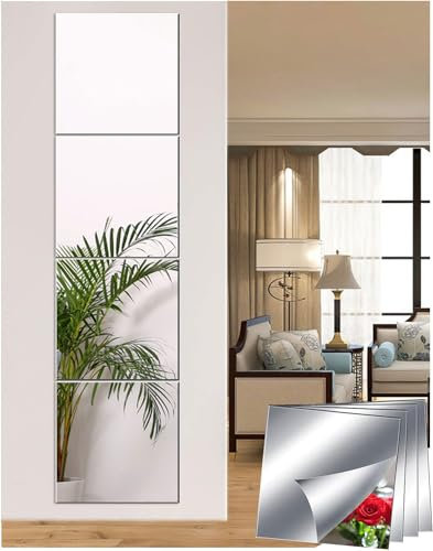 Sqinor Stick On Mirror Tiles Self Adhesive Mirror, Acrylic Mirror Wall Stickers Sticky Full Length Mirrors Long Wall Mirrors for Wardrobe Doors Bedroom Living Room Hallway Walls