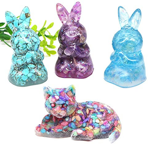 PQYSMVVG Statue de Chat et de Lapin en Pierre Naturelle, Gravier de Cristal, dégradés, Moule en résine, Figurine d'animal durcissant, décoration de la Maison