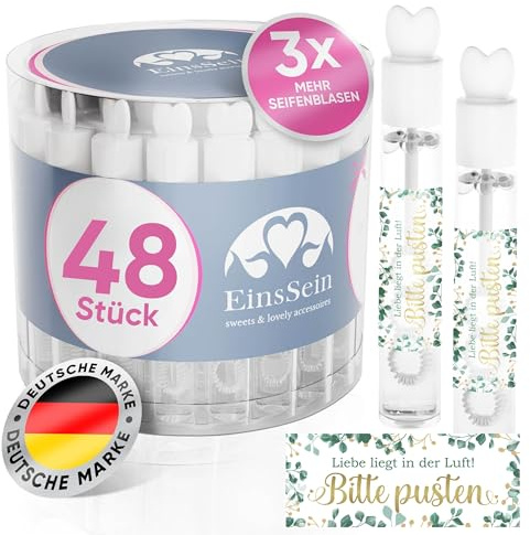 EinsSein Seifenblasen Hochzeit Lovegläschen 48 Stück | Herz Seifenblasen mit Bitte Pusten gold-grün Aufkleber | Gastgeschenke Hochzeit Standesamt Kirche Trauung | Hochzeitsdeko & Tischdeko Taufe