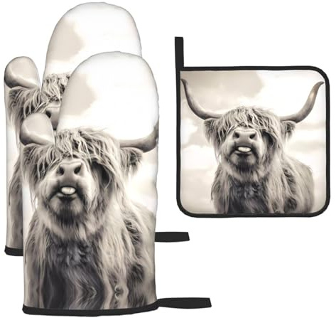 Chrysm Funny Highland Cow Oven Mitts and Potholders BBQ Gloves and Holders for Cooking Baking (3-Piece Set)