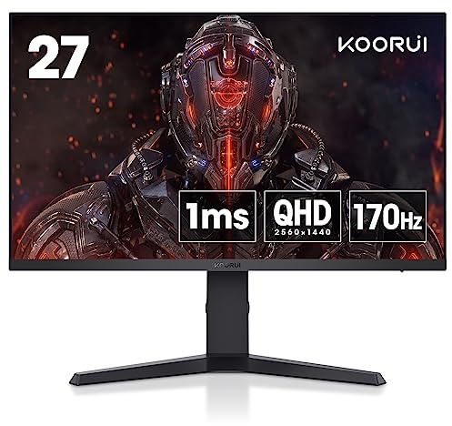 KOORUI 27 Inch Gaming Monitor, 2K Computer Monitors, QHD(2560 * 1440), IPS,1ms, Adpitive Sync, 2x HDMI (144Hz), DisplayPort(170Hz), HDR 400, DCI-P3 90%, Height Adjustable, Rotatable