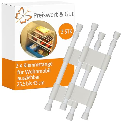 Preiswert&Gut 2 x ausziehbar für Küche & Wohnmobil – aus Kunststoff & Stahl 25,5 bis 43 cm, Doppelstange, Stabiler Halt, hält Geschirr sicher an seinem Platz