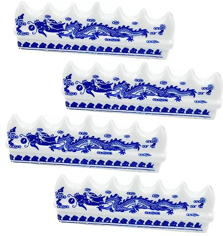 SEWACC Ceramic Brush Pen Holder for Desk 4pcs Chinese Calligraphy Pen Rack Blue and White Porcelain Paint Brush Rest for Study Room and Art Supplies