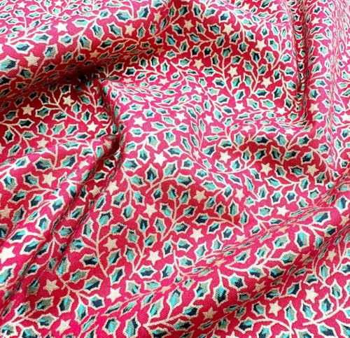 Christmas Fabric - Metallic Gold Holly Leaf & Star on Red - Cotton Craft Fabric Material