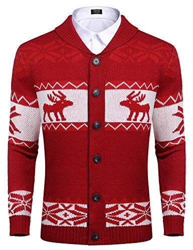 COOFANDY Men's Cardigan Christmas Sweater Knitted Sweater Reindeer Norwegian Ugly Sweater with Shawl Collar A-Red XL
