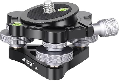 ARTCISE Base de niveau trépied photo, plaque tête réglable aluminium, -15°/+15°, 3 niveaux bulle, 3 roues réglage