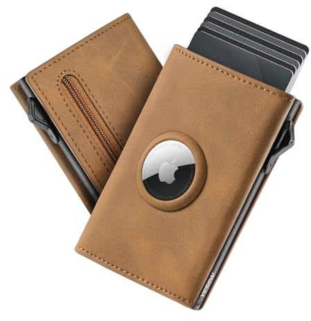 YESIIW Airtag Wallet - Pop-up Geldbörse Herren für 11 Karten, 1 Ausweis & 12 Papiergeld - Geldbörse Airtag mit RFID Schutz - Kartenetui mit S Münzfach - Smart Wallets for Men (Braun)