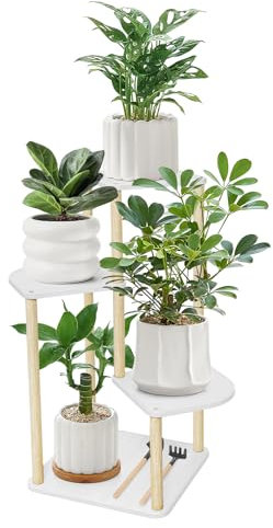 SUNDOY Plant Stand, Wooden Flower Rack for Indoor/Outdoor, Plant Display Rack for Living Room, Bedroom, Balcony, Garden, Patio, Multi-Purpose Flower Pot Holder (4-Tier-White-Oak)