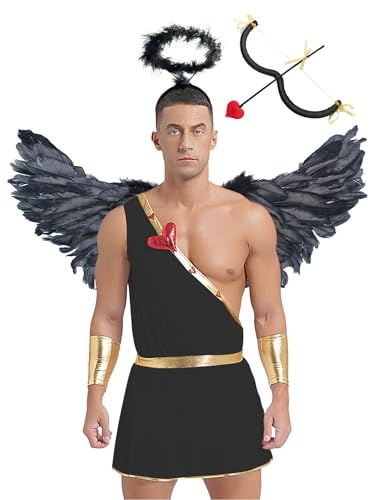 Yihuimin Amor Herren Kostüm Set Romantische Amor Kostüm mit Engel Flügel Heiligenschein Amor Pfeil und Bogen One Shoulder Body für Karneval Valentinstag