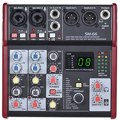 WDWDW SM-66 Portable 4-Channel Sound Card Mixing Console Mixer Built-in 16 Effects with USB Audio Interface Supports 5V Power Bank