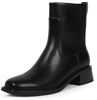 QIY Womens Booties And Ankle Boots Black Low Heel Boot Flat Faux Leather Square Toe Fall Boots 2026 Ladies Dress Chunky Heel Short Boot Size 7.5