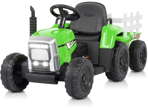 LEADZM 12V Traktor mit Anhänger, Kinder Aufsitztraktor mit LED-Lichtern, Musik, Hupe & USB-Funktionen, Abnehmbarer Anhänger