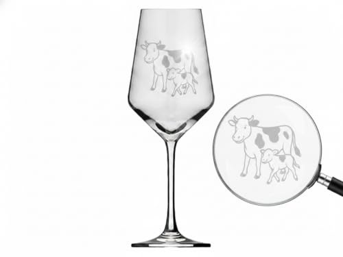 eXODA Weinglas 350 ml mit graviertem Kuh-Kalb Motiv spülmaschinenfest | Weinglas, graviertes Motiv, Füllmenge 350 ml, spülmaschinenfest, für Rot- und Weisswein, geeignet für Anlässe, hergestellt in
