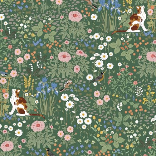 Yomshi Floral Peel and Stick Wallpaper Cat Contact Paper Flower Removable Self Adhesive Waterproof Rustic Style Animal Botanical Pattern Wallpaper for Bathroom Bedroom Nursery Dark Green 44cmx10m